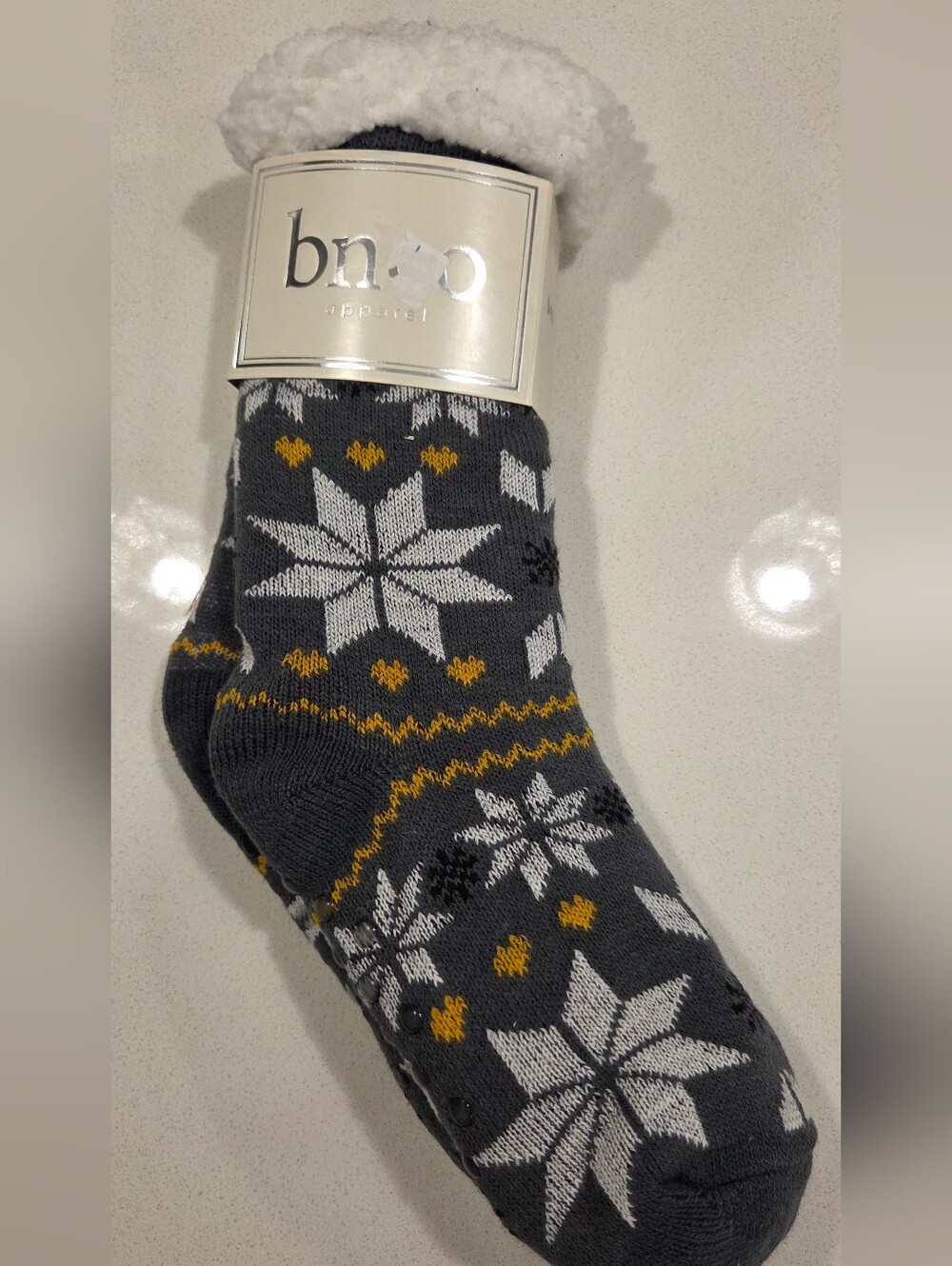 Gray & White Fair Isle Crew Socks with Yellow Accents